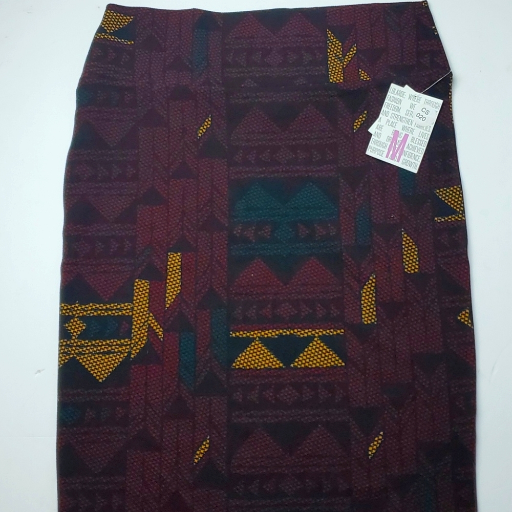 NWT LuLaRoe Cassie Pencil Skirt Medium Burgundy Gold Aztec Geometric Pattern